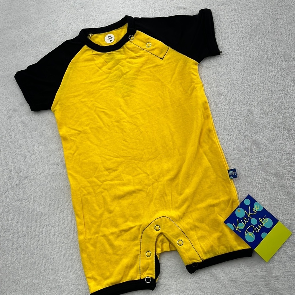 NEW Kickee Pants Bamboo 0-3 Mos‎ Yellow Black SS Raglan Romper Lemon Midnight